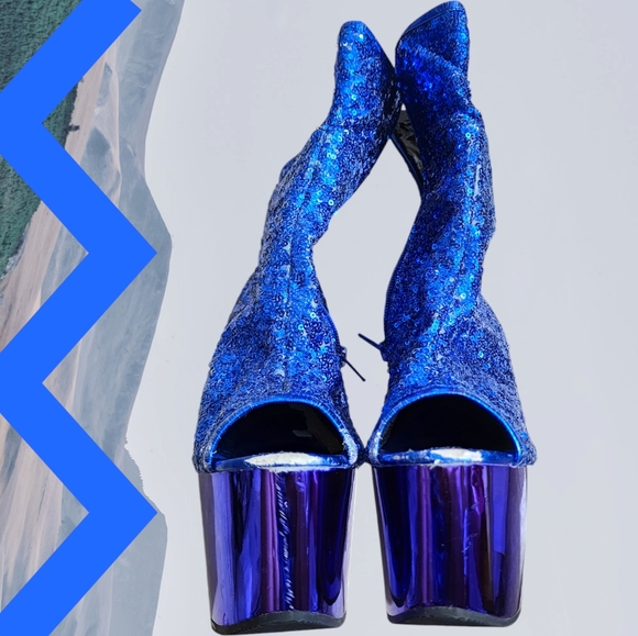 Pleaser Size 8 Adore Ankle Boots Blue Sequins Blue Chrome worn Dancer Shoes GUC - Picture 6 of 16